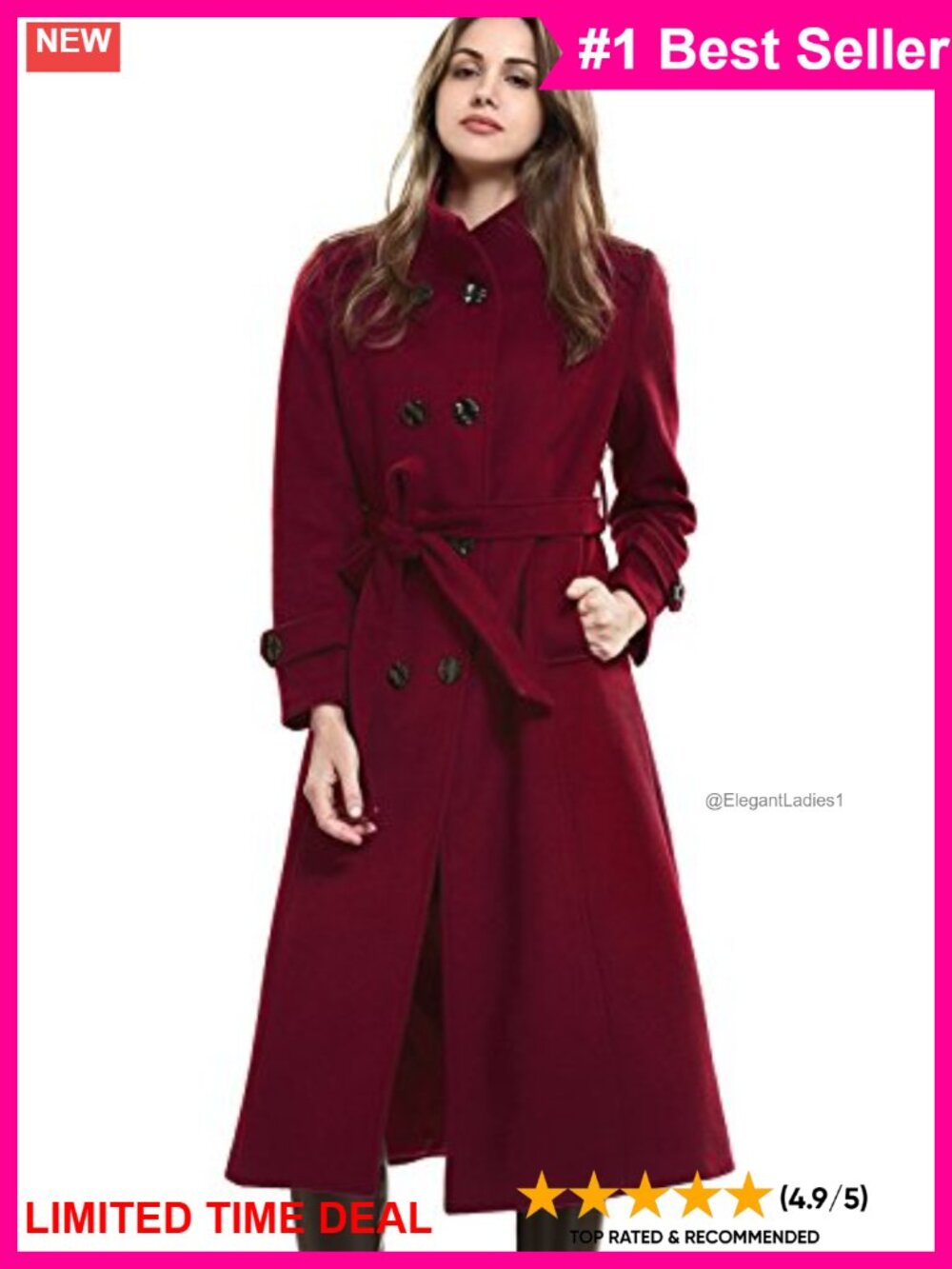 Wool Trench Coat Double-Breasted Belted Winter Jacket